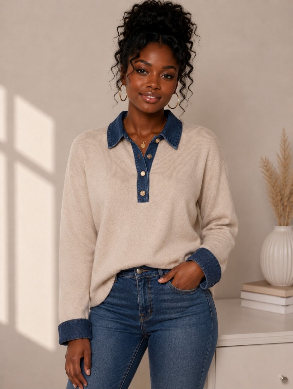 MICAS sweater patchwork long-sleeve top with denim accents.
